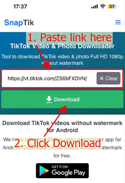 On SnapTik, paste the copied video link into the input field and press the <b>Download</b> button.