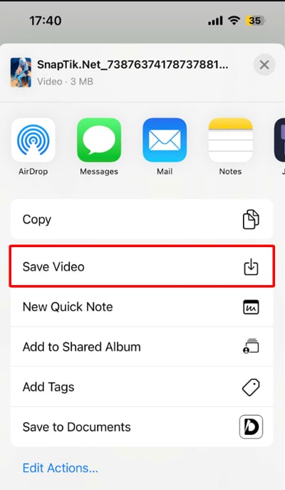 Find the <b>Save Video</b> option and tap on it to save the video to the library.